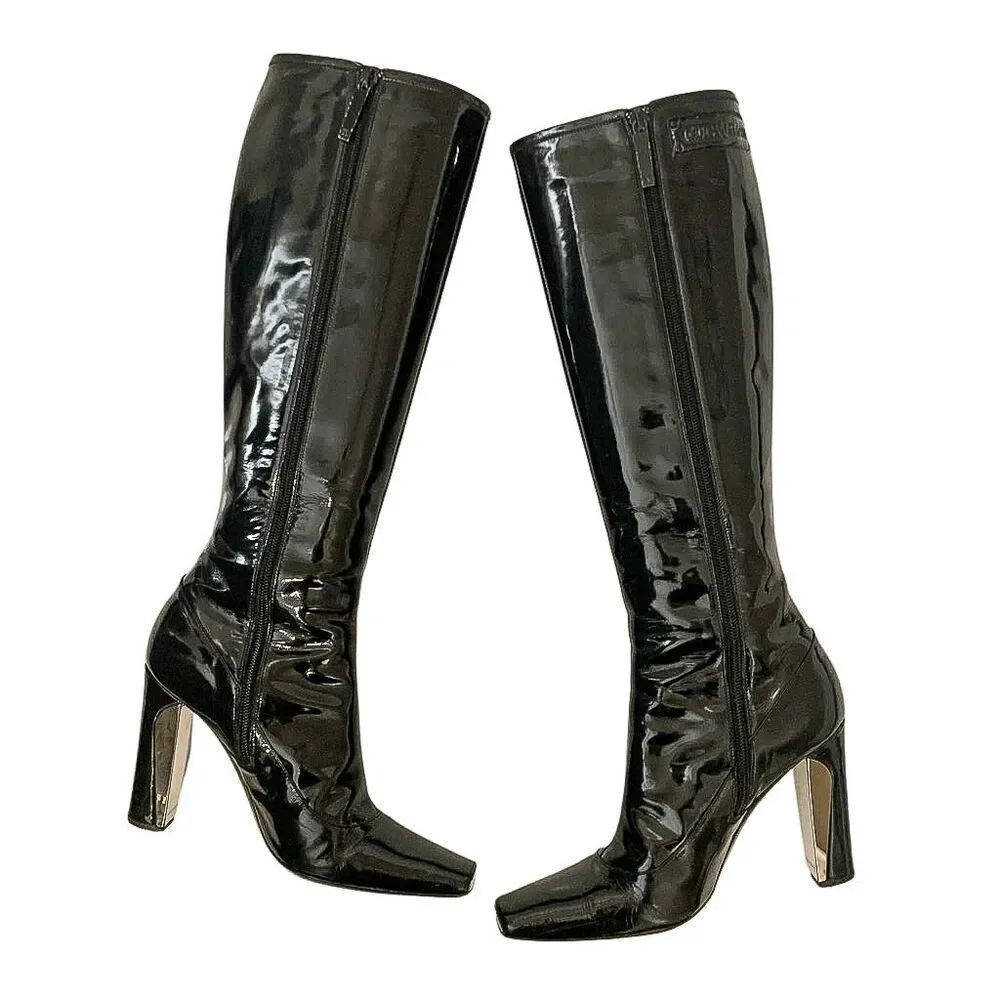 Louis Vuitton Black Patent Leather Knee High Heeled Boots EU 36.5 Square Toe